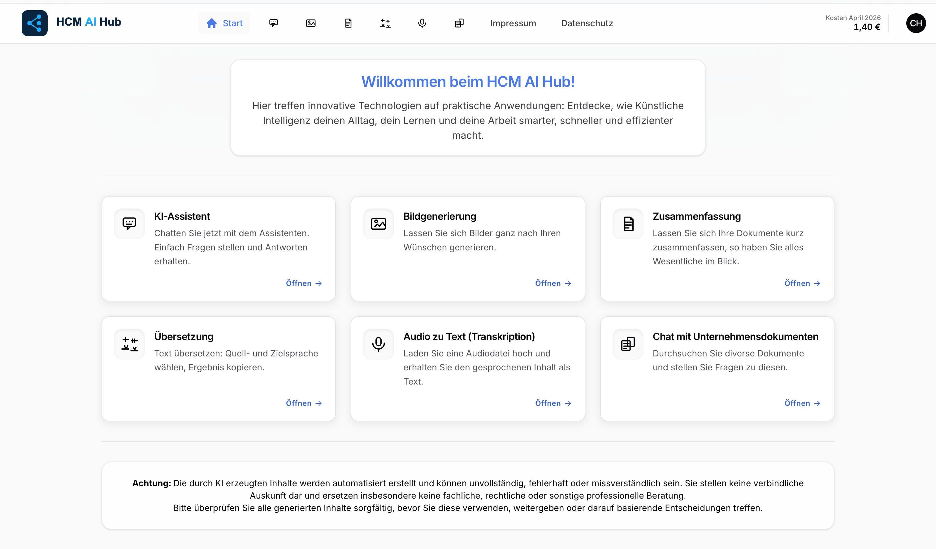 HCM AI Hub: Startportal mit Modul-Kacheln und Dashboard-Ansicht