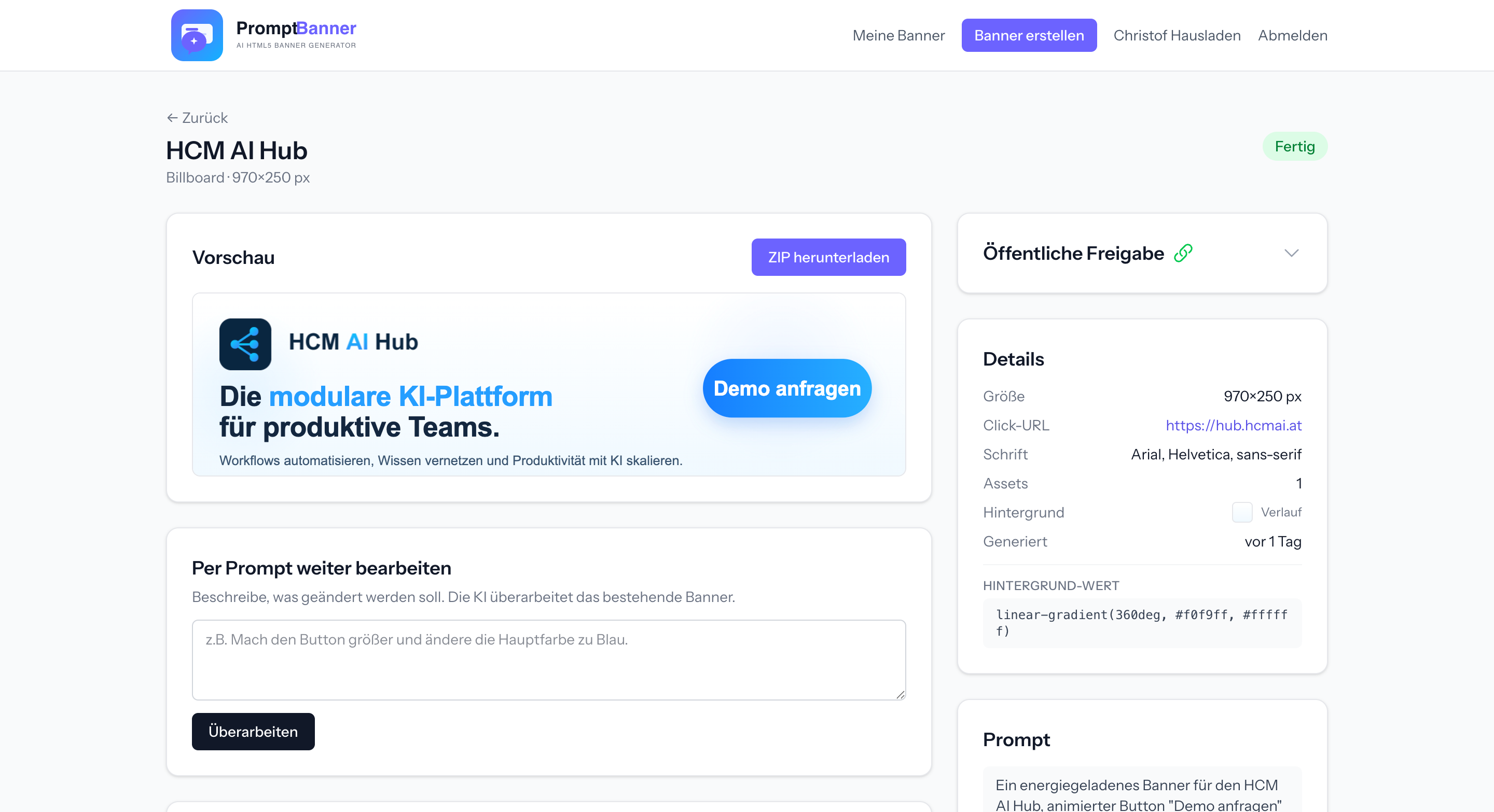 PromptBanner: Editor-Ansicht mit Banner-Vorschau und Prompt-Überarbeitung