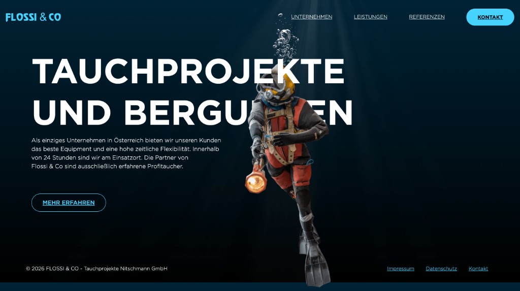 flossi.at — Hero mit Taucher-Visual auf dunklem Blau